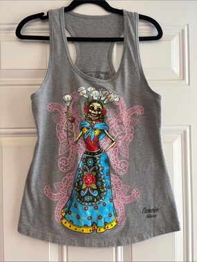 Gray Day of the Dead Graphic Racerback Tank Top - Cancun Mexico